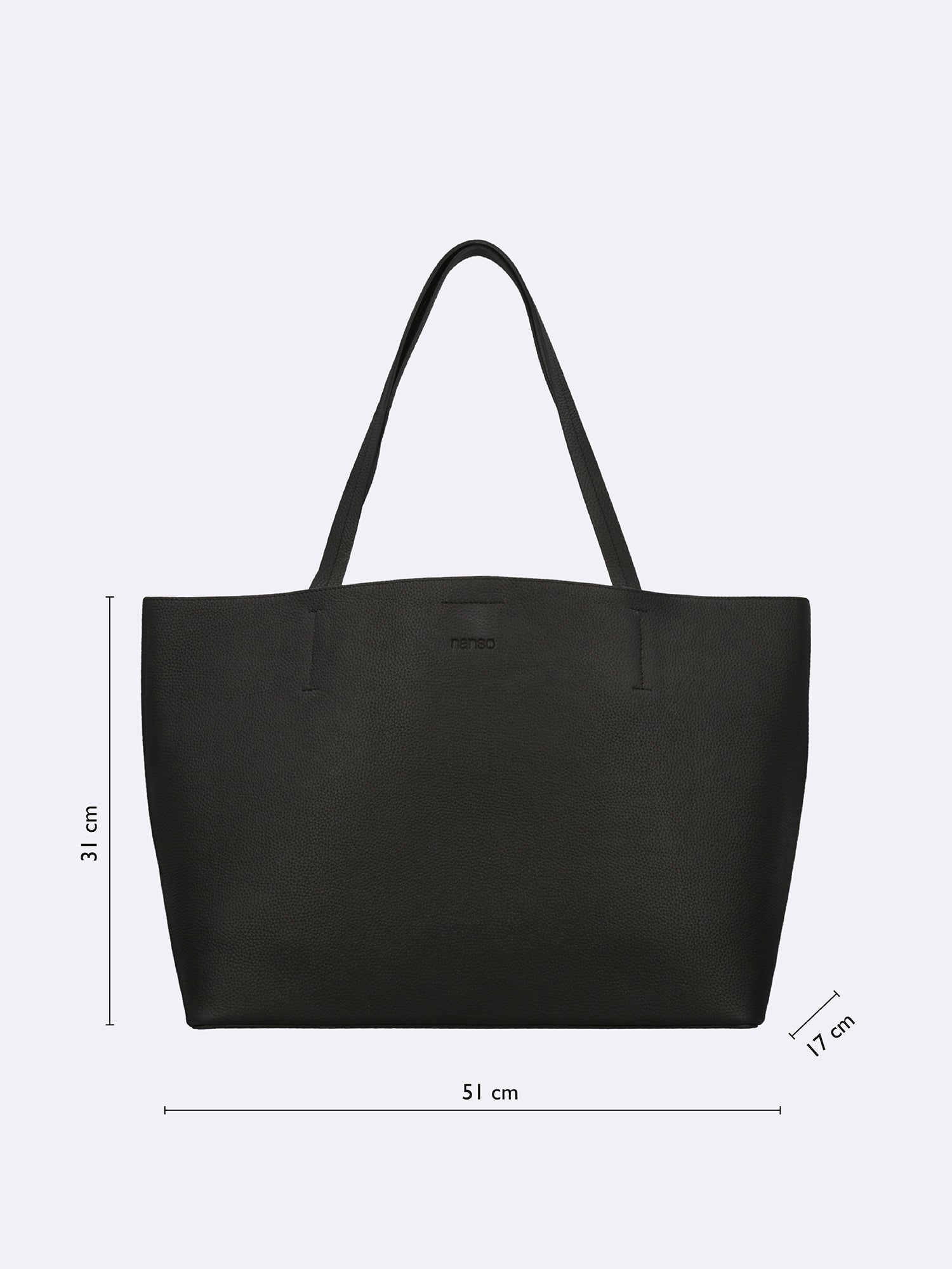 Nanson Maxi Nary nahkalaukun mittatiedot tuotekuvassa: korkeus 31 cm, leveys 51 cm ja pohjan syvyys 17 cm