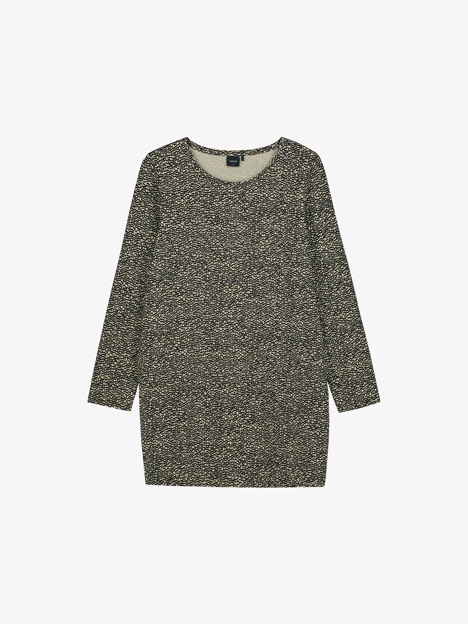 Nanson naisten kuosillinen ja mukava Kaislat-tunika, jossa on tereellä viimeistelty pyöreä pääntie, täyspitkät hihat ja taskut sivuilla. Tuotekuva edestä.