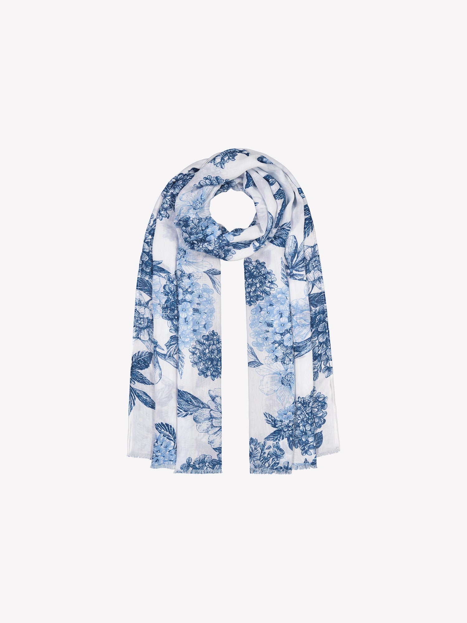 Naisten tyylikäs kuviollinen Palatsi-huivi, jossa on herkkä sininen kukkakuosi valkoisella pohjasävyllä tuotekuvassa.