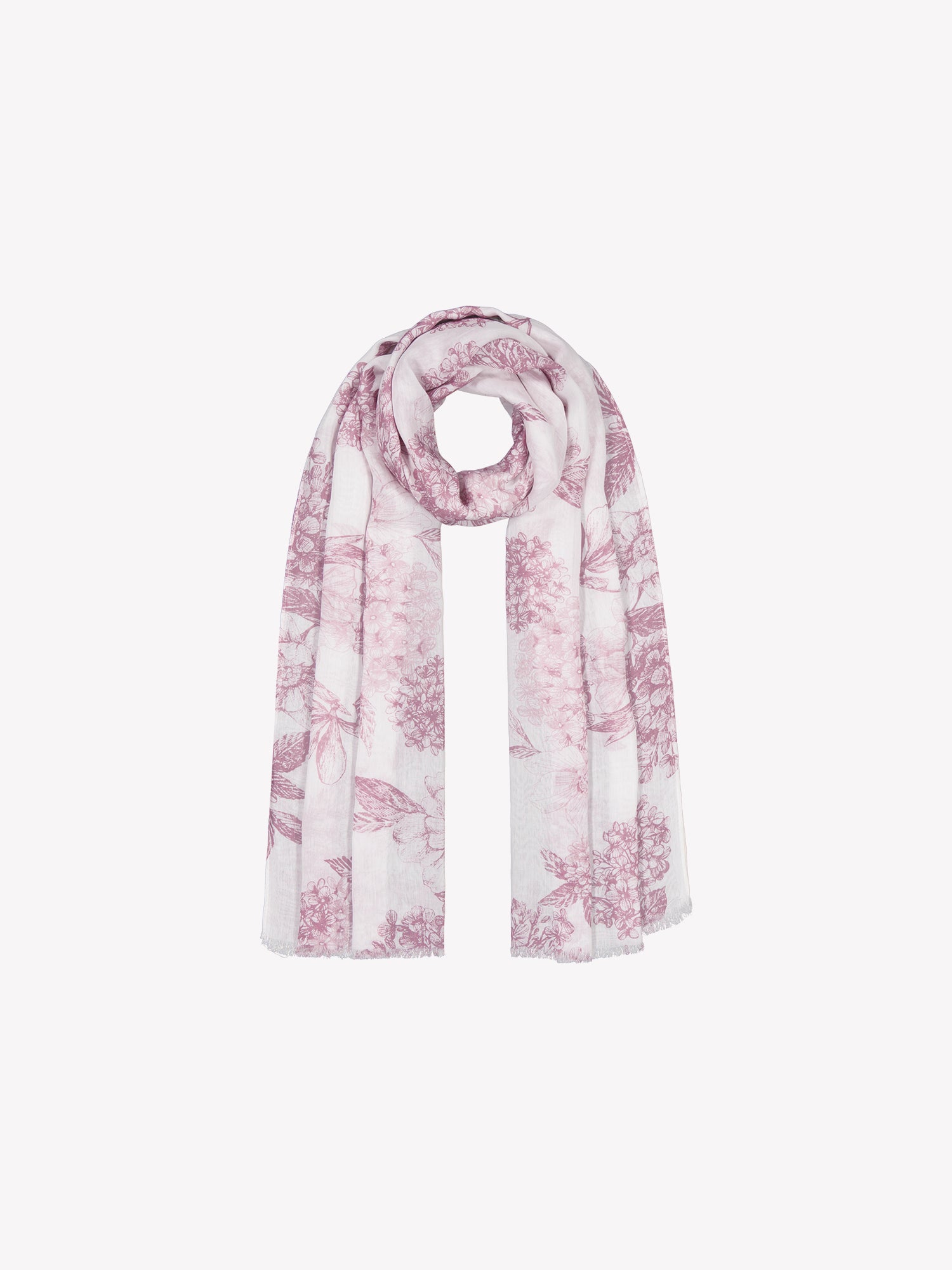 Naisten tyylikäs kuviollinen Palatsi-huivi, jossa on herkkä vaaleanpunainen kukkakuosi valkoisella pohjasävyllä tuotekuvassa.