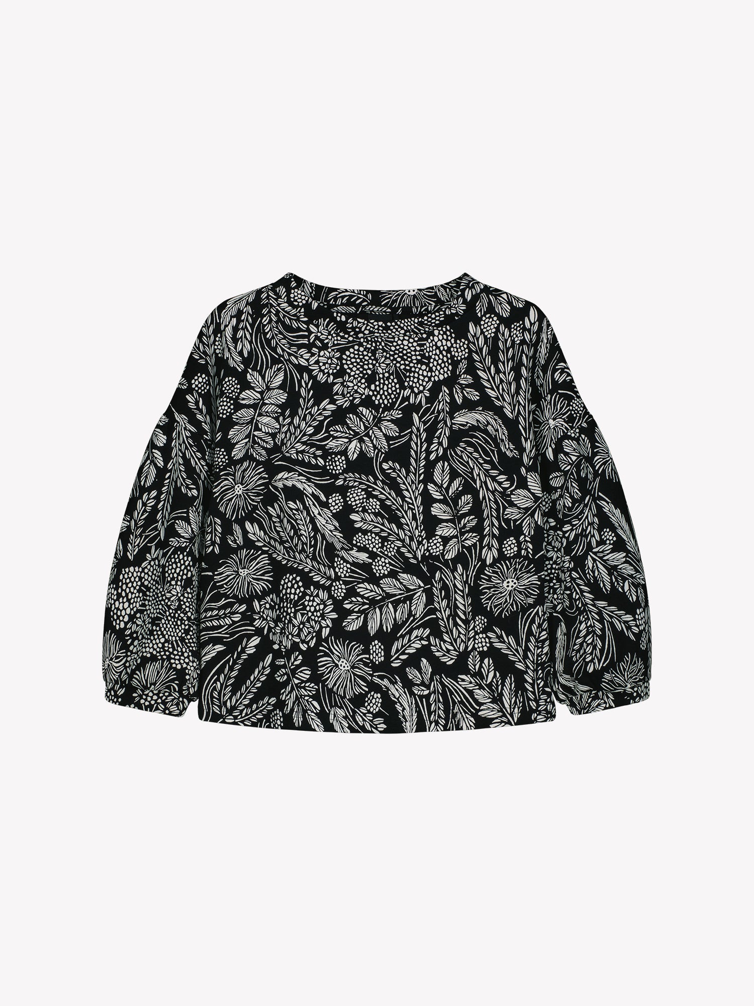 Nanson naisten mustavalkoinen Floora-pusero, lyhyt ja 3/4-hihainen malli, venemuotoinen pystykaulus, tuotekuvassa.