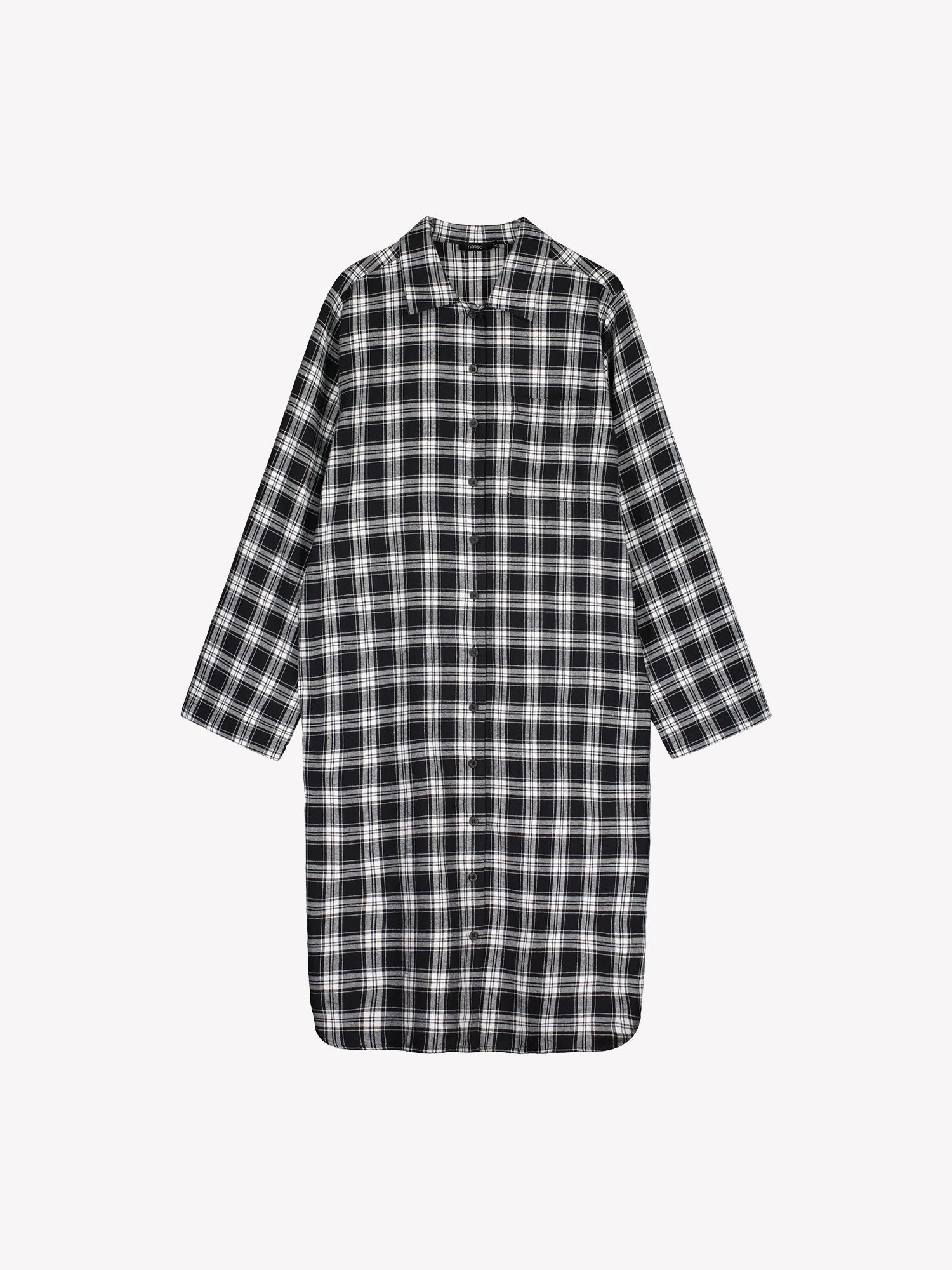 Nanson naisten mustavalkoinen Ruutu-flanellimekko, pitkähihaisen ja kauluksellisen mallin tuotekuva, ruutukuosinen puuvillaflanellikangas.