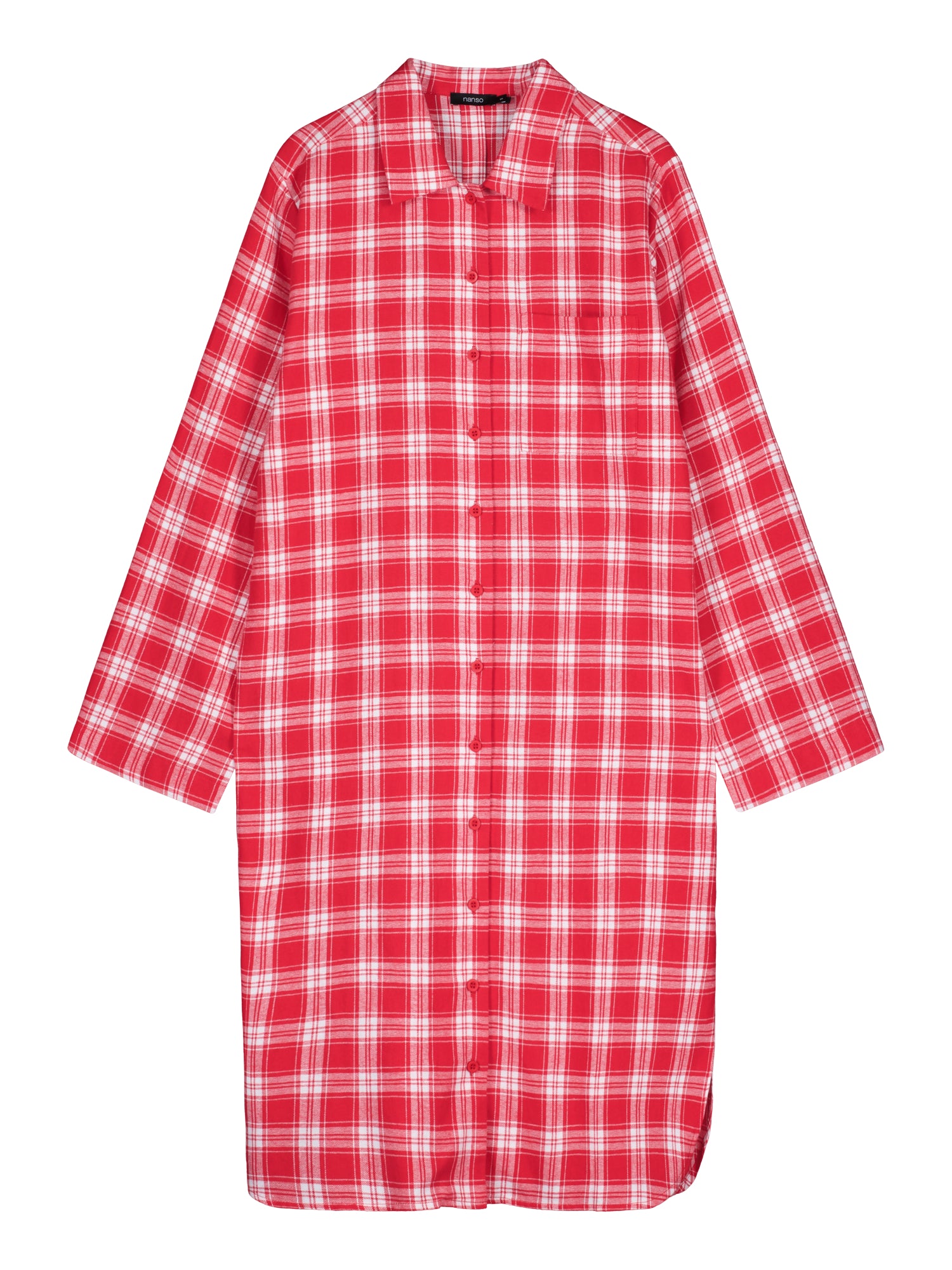 Nanson naisten punainen Ruutu-mekko, pitkähihaisen ja kauluksellisen mallin tuotekuva, ruutukuosinen puuvillaflanellikangas.