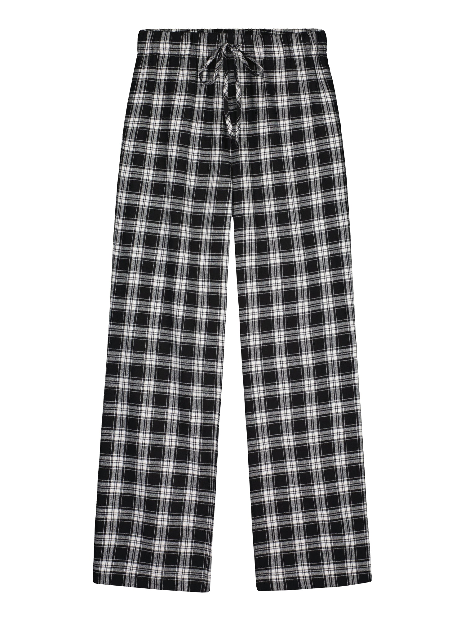 Nanson naisten mustavalkoiset ruutukuosiset flanellihousut tuotekuvassa edestä, täyspitkä malli, kuminauhavyötärö nyöreillä ja sivutaskut