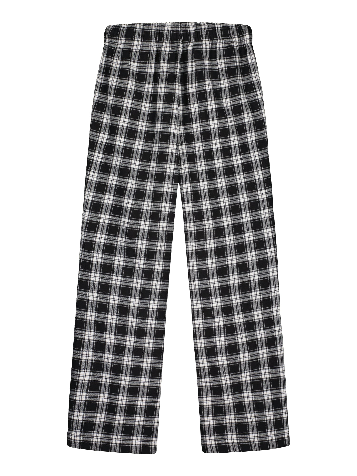Nanson naisten mustavalkoiset ruutukuosiset flanellihousut tuotekuvassa takaa, täyspitkä malli, kuminauhavyötärö, selkeä istuvuus ja suorat lahkeet.