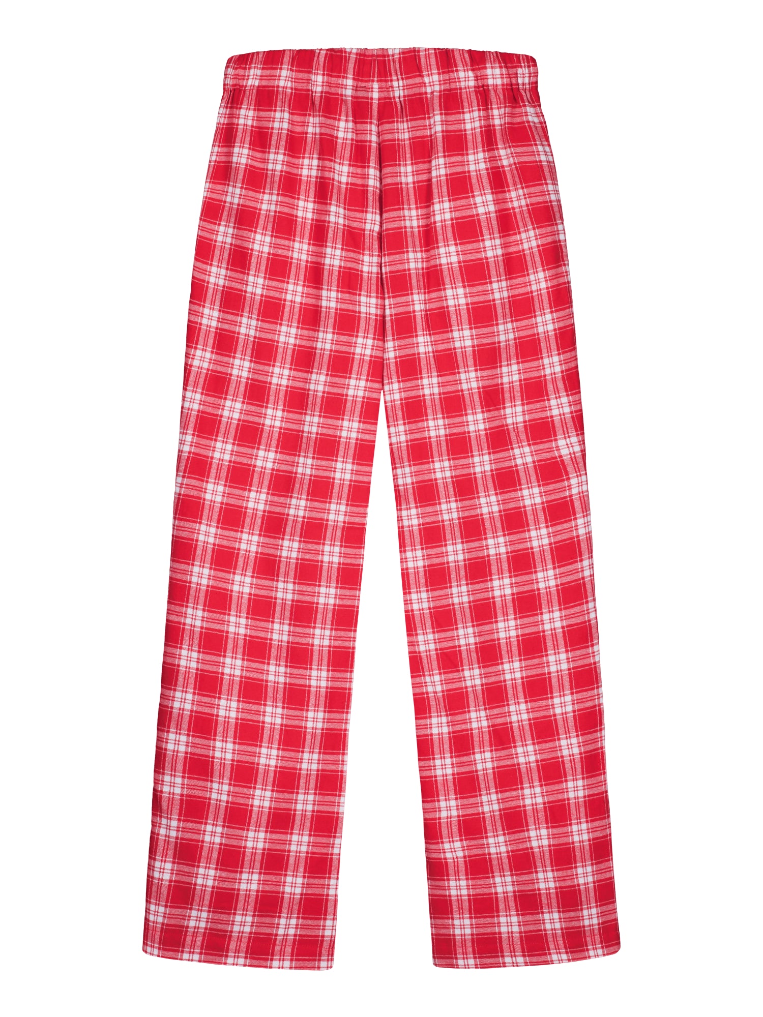 Nanson naisten punaiset ruutukuosiset flanellihousut tuotekuvassa takaa, täyspitkä malli, kuminauhavyötärö, selkeä istuvuus ja suorat lahkeet.