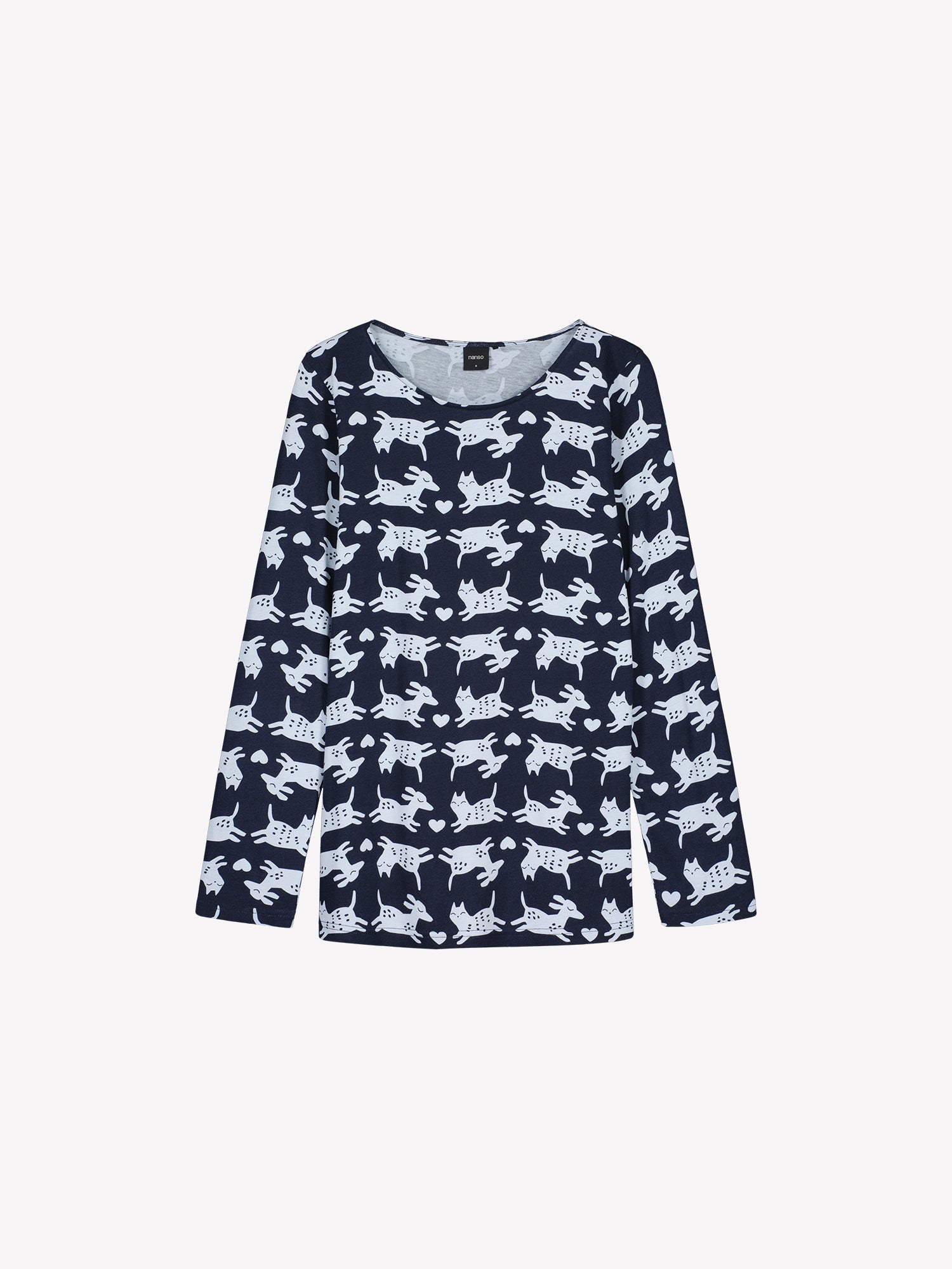 Nanson naisten tummansininen Kamu-pyjaman paita, pitkät hihat ja ovaali pääntie, tuotekuvassa.