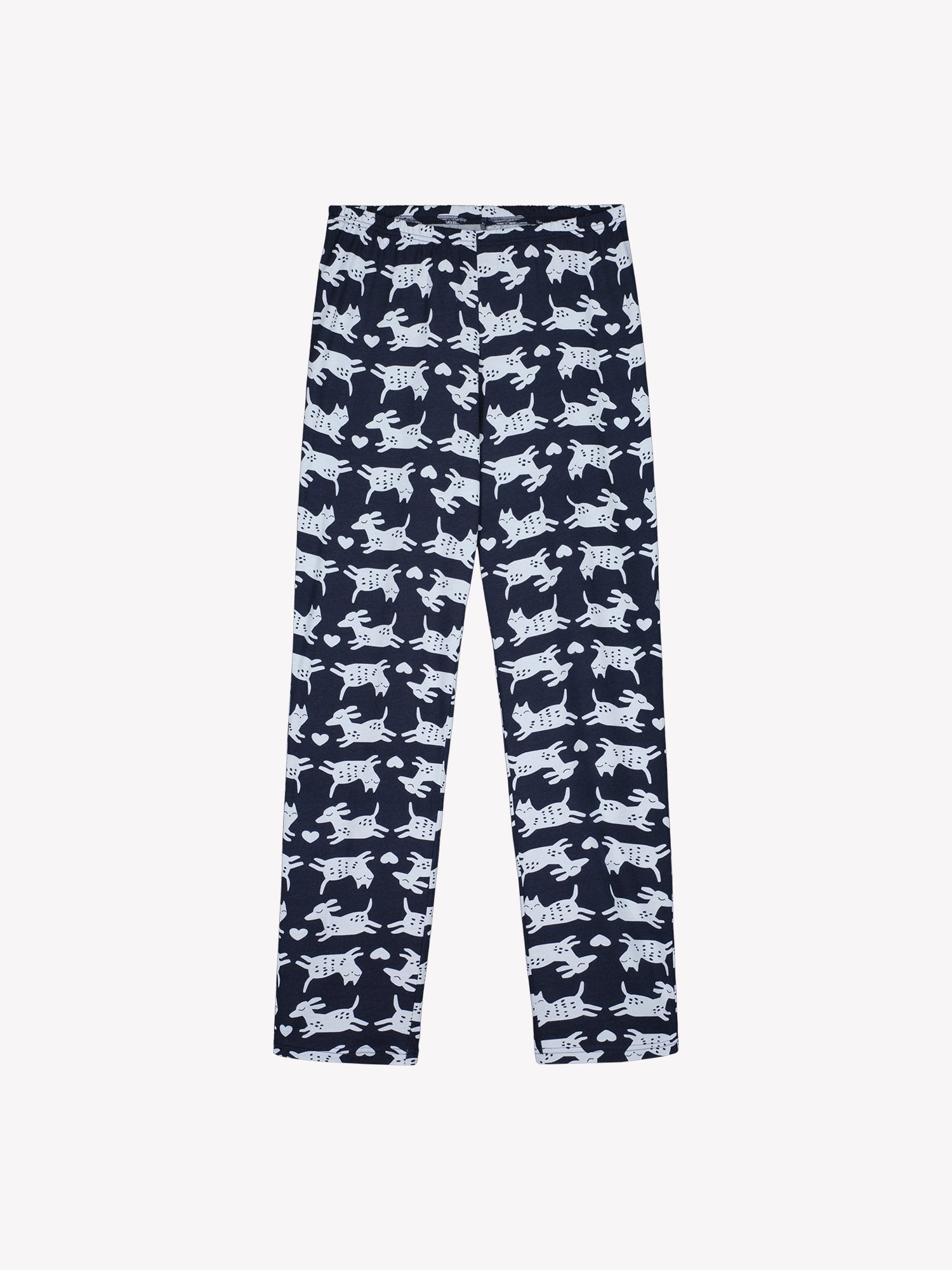 Nanson naisten tummansiniset Kamu-pyjaman housut, suorat lahkeet ja joustava vyötärö, tuotekuvassa.