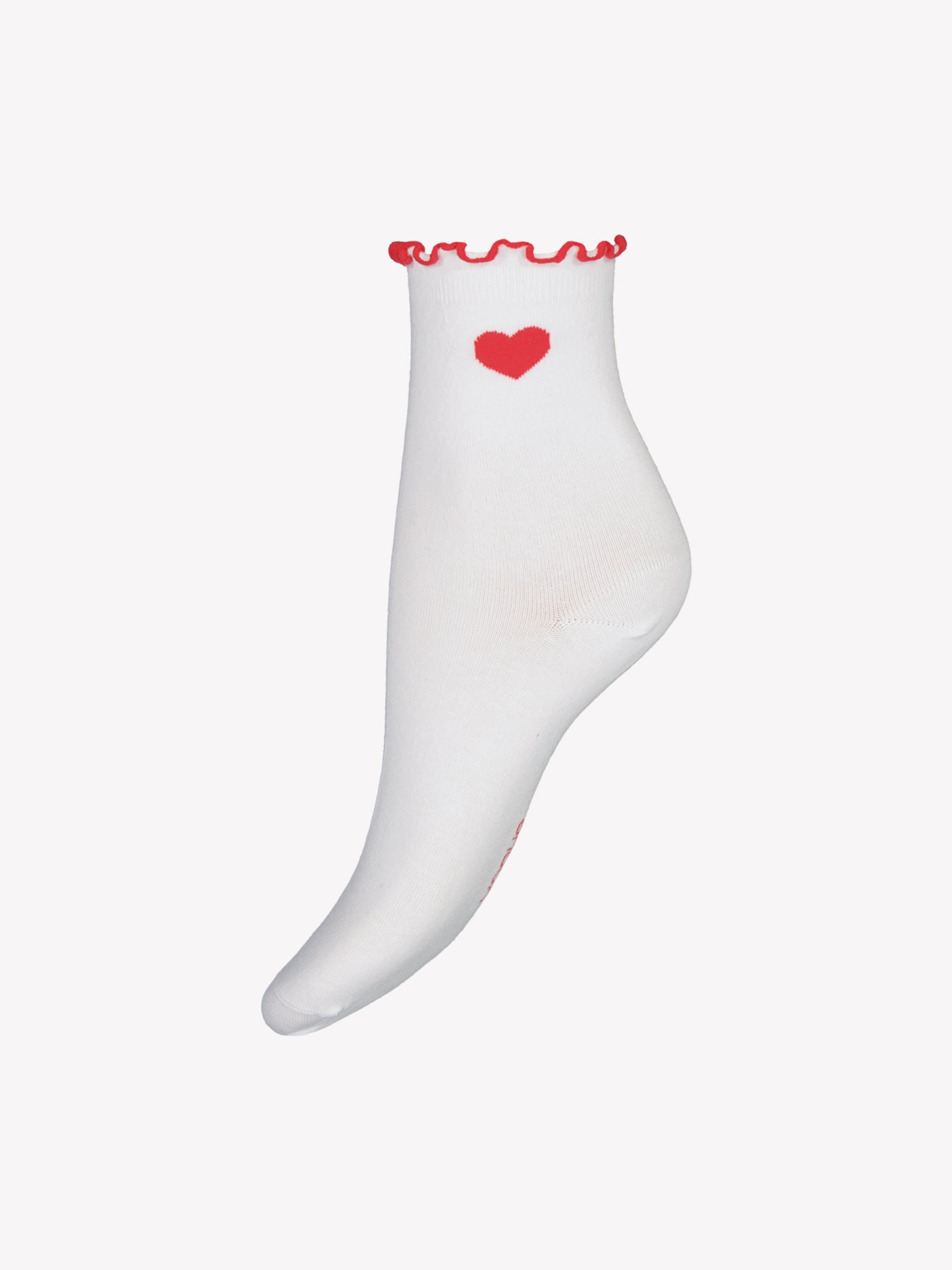 Tuotekuvassa sydänkuosillinen valko-punainen sukka.