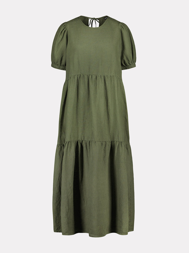 Nanson naisten kaunis tummanvihreä Sarastus-mekko volyymisilla frillakerroksilla ja lyhyillä puhvihihoilla, joissa on napit säätövaralla.