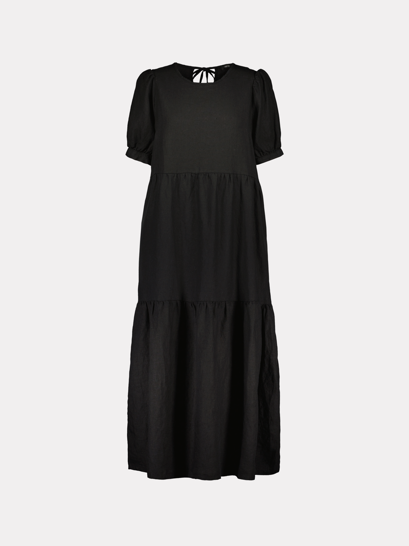 Nanson naisten kaunis musta Sarastus-mekko volyymisilla frillakerroksilla ja lyhyillä puhvihihoilla, joissa on napit säätövaralla. 