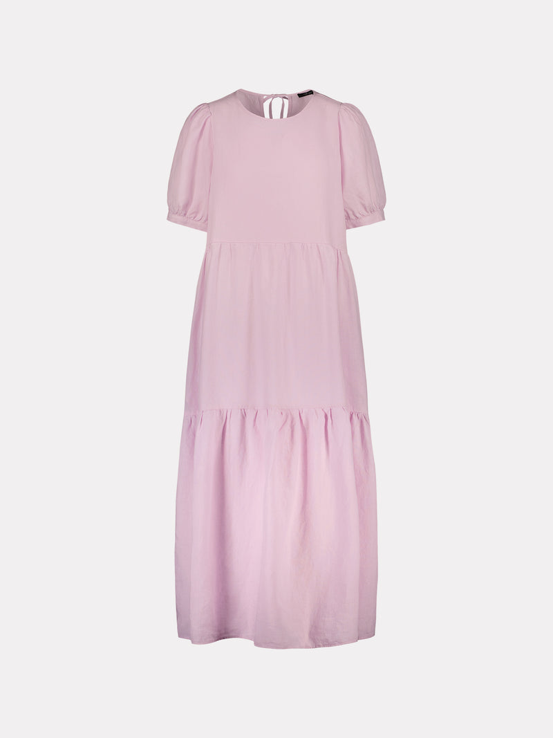 Nanson naisten kaunis vaaleanpunainen Sarastus-mekko volyymisilla frillakerroksilla ja lyhyillä puhvihihoilla, joissa on napit säätövaralla.